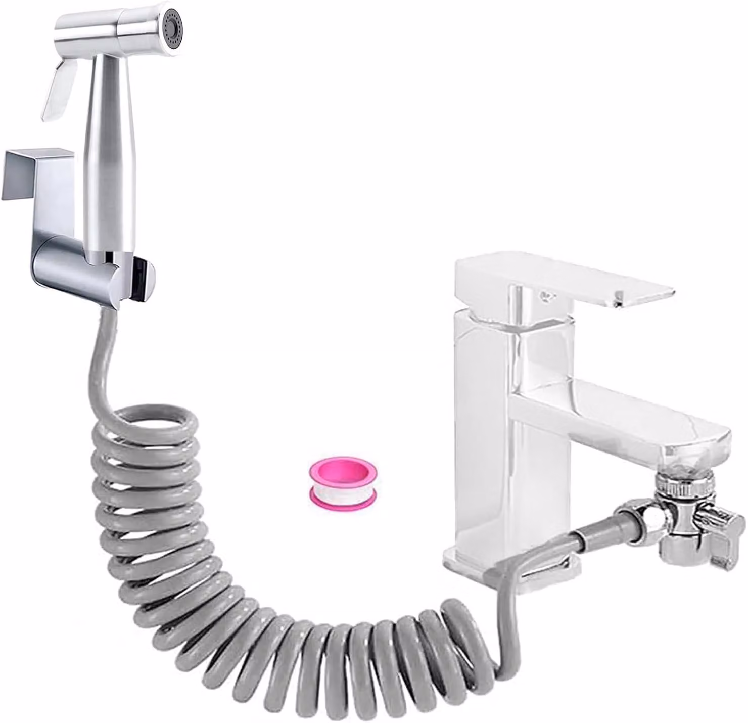 Set doccia per bidet, in acciaio inossidabile, colore argento, completo di supporto per rubinetteria e tubo flessibile a spirale, per l'igiene personale