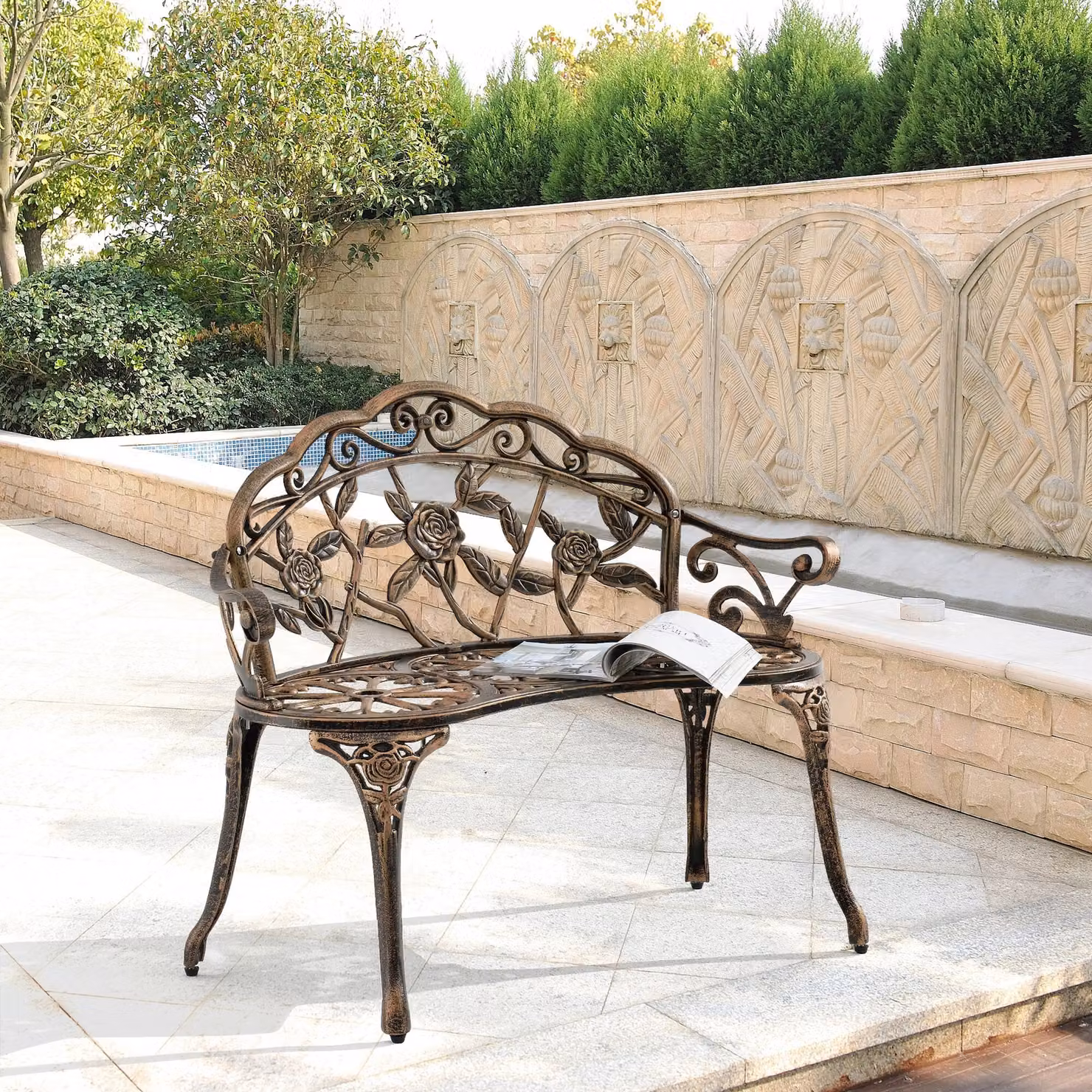 In And OutdoorMatch Panca da giardino Bailey - due posti - ghisa e alluminio - 100 x 54 x 80 cm - colore bronzo - design elegante