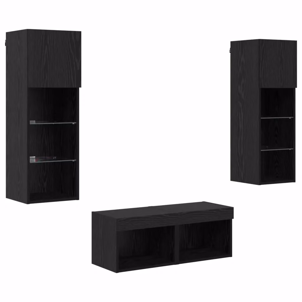 Set di 4 Mobiletti TV da Parete Moderni vidaXL in Legno e Vetro, Colore Nero e Rovere, L/P/H: 40 x 30 x 30 cm – 2