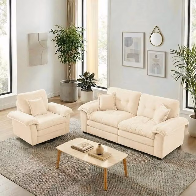 Set divani 2 posti e poltrona ¨C Minimal ¨C Tessuto chenille imbottito con cuscini