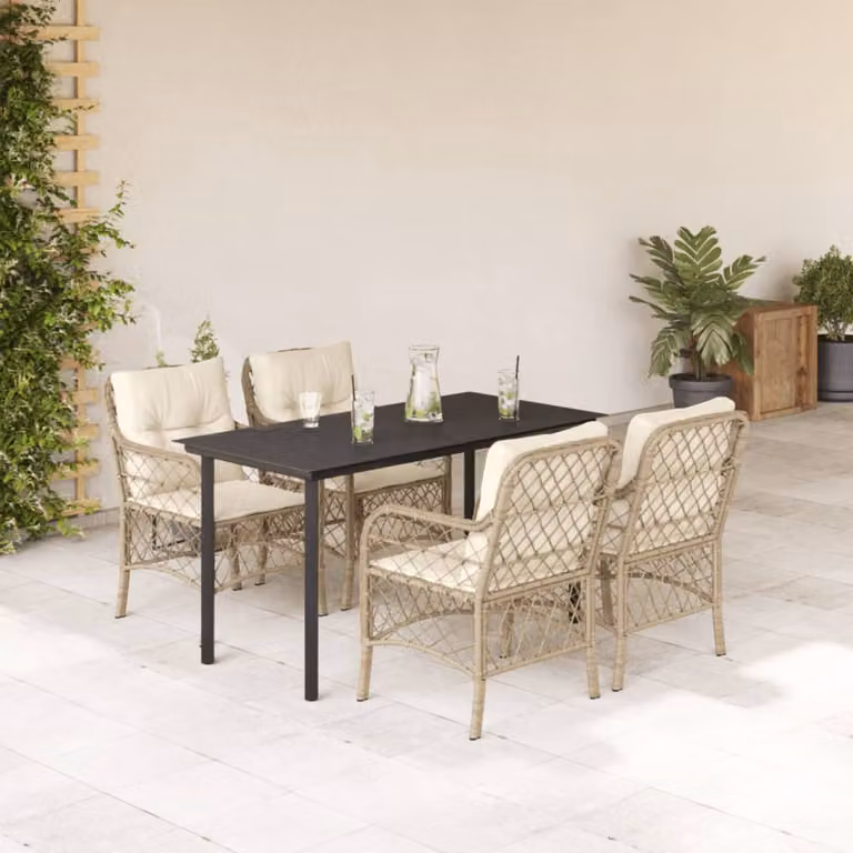 Set da Pranzo da Giardino vidaXL in Polyrattan con Cuscini Beige e Tavolo in Vetro, 5 Pezzi