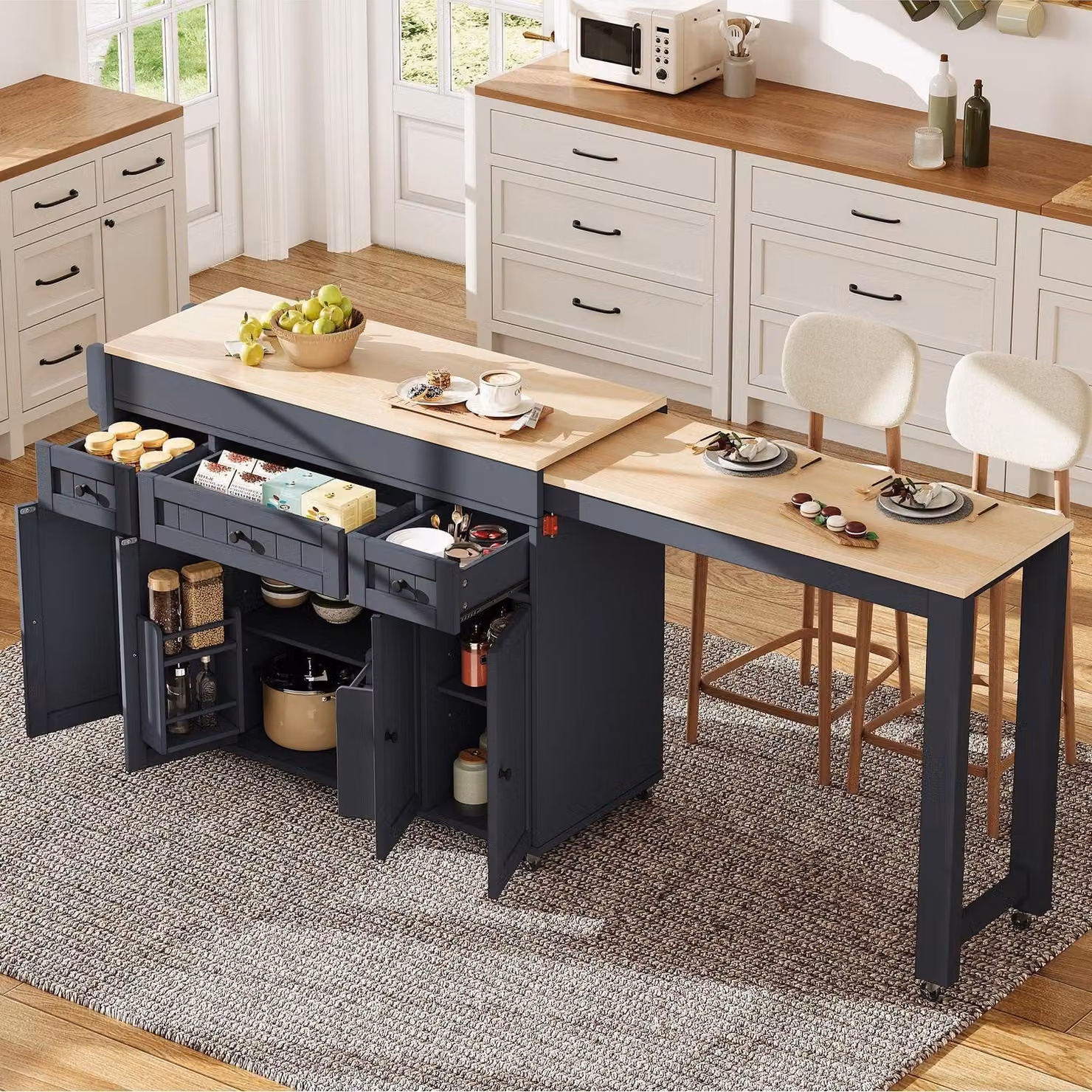 Isola mobile da cucina con ruote e piano di lavoro estendibile, colore grigio, dimensioni 180,6 x 45,2 x 92 cm