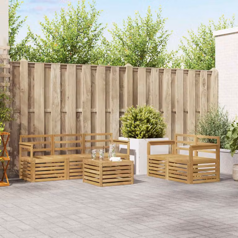 vidaXL Set di divani da esterno a forma di U composto da 6 pezzi in legno di acacia massello con cuscini bianchi