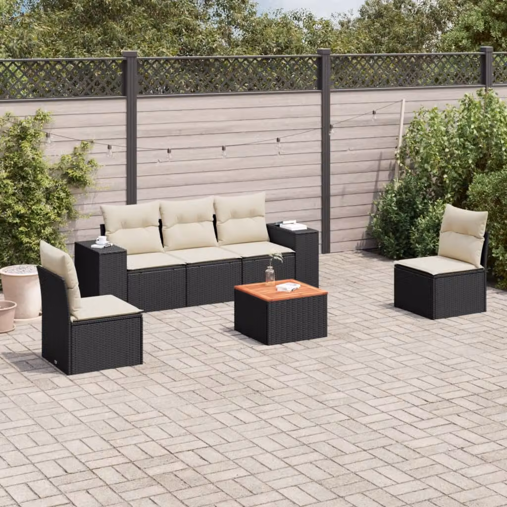 Set Divano da Giardino vidaXL 6 pz in Polyrattan Nero con Cuscini e Tavolino da Esterno – 1