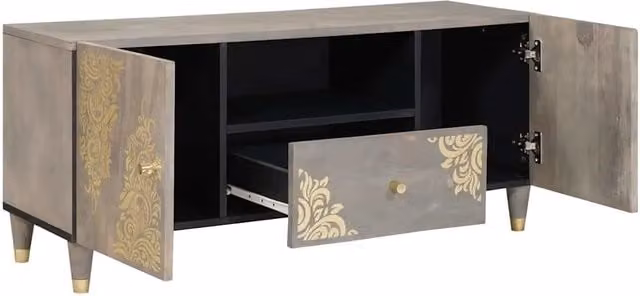 Mobile TV moderno in legno di mango massello grigio L: 105 cm, P: 33 cm, H: 46 cm