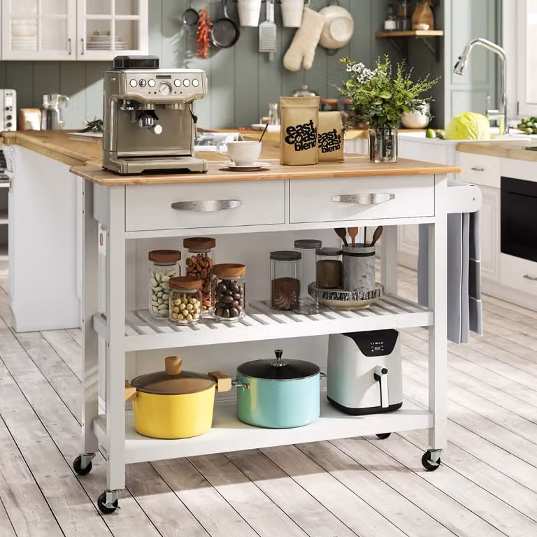Carrello portautensili Costway con piano in legno e 2 ripiani aperti, Isola da cucina moderna bianca con ruote