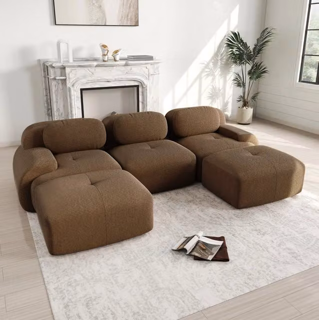 Divano modulare angolare senza telaio in tessuto corduroy marrone; 298x178x70 cm