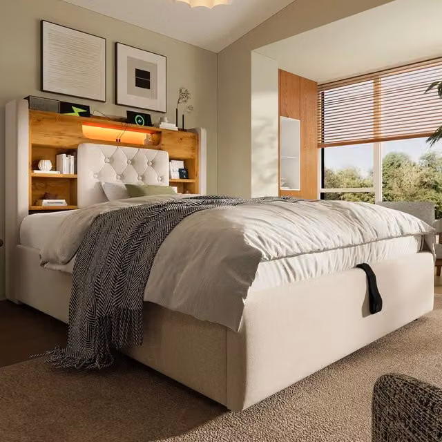 Letto contenitore 90 x 200 cm con contenitore idraulico, LED e USB/USB-C, letto imbottito in lino beige con vani integrati e rete a doghe