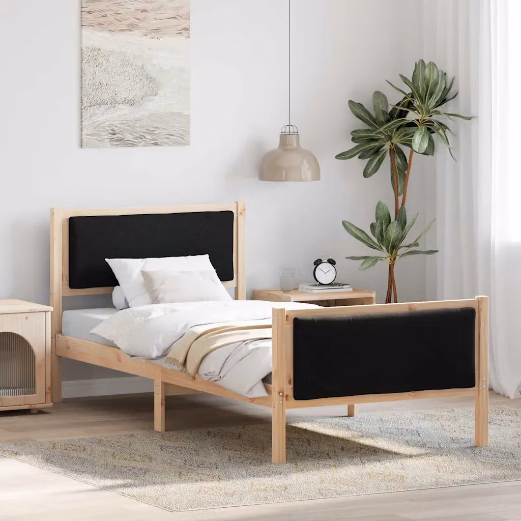 Struttura del letto con testiera vidaXL in legno di pino e tessuto Nero 90 x 200 cm