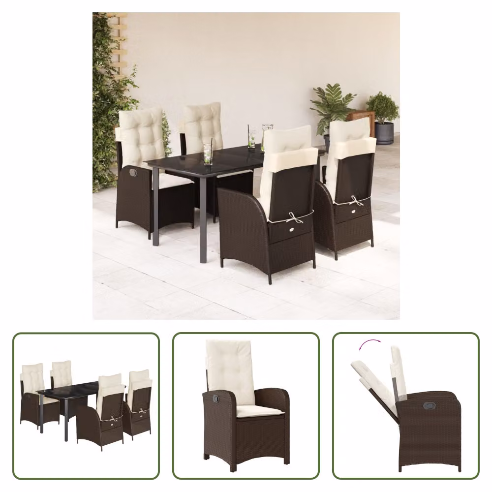 The Living Store Set da pranzo da giardino 5 pezzi con cuscini in polirattan marrone