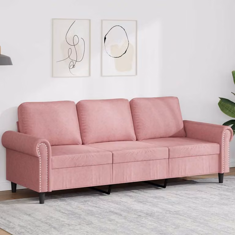 Divano a 3 posti moderno vidaXL in velluto rosa con struttura in metallo
