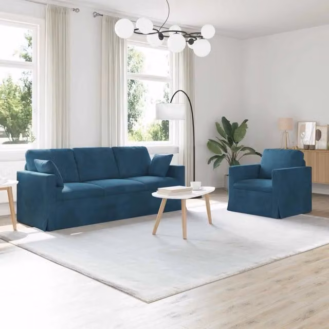 Set di 2 divani moderni vidaXL in velluto blu con cuscini inclusi e coperture rimovibili – 1