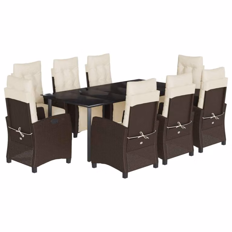 Set da Pranzo da Giardino 9pz con Cuscini Marrone in Polyrattan