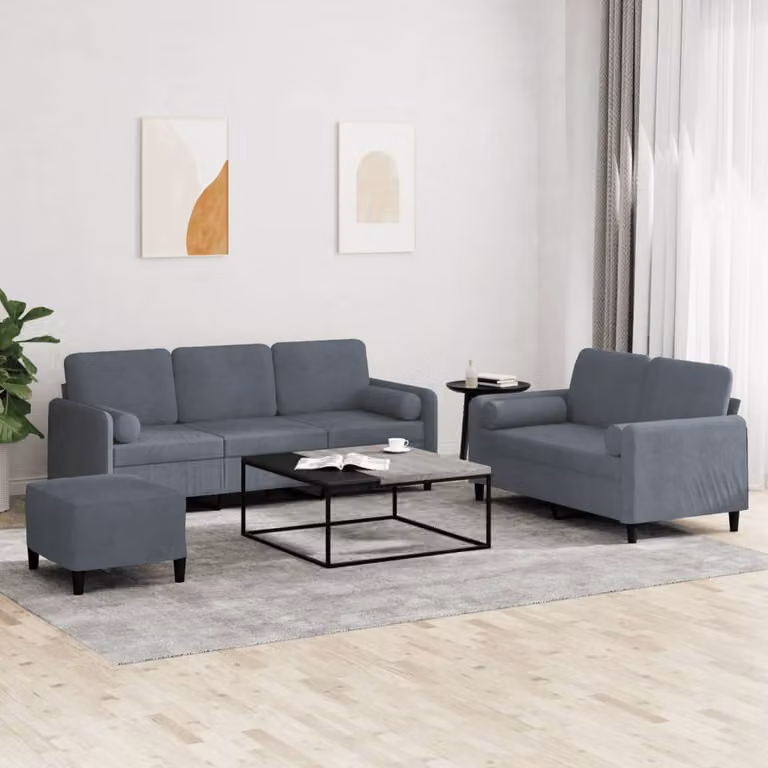 Set di divani vidaXL 3 pezzi in velluto grigio con pouf e cuscini per soggiorno