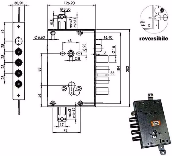 Serratura a Sicurezza Triplice con Cilindro E63 Rci664/280 Moia in Metallo Nero