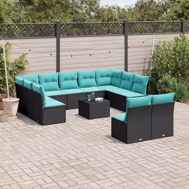 Set da giardino moderno vidaXL in polyrattan nero con cuscini blu a forma di U composto da 12 pezzi con tavolino da caffè e struttura in metallo – 1