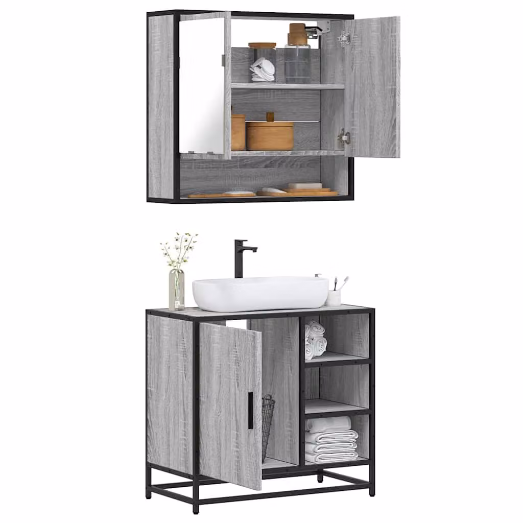 Set Mobili da Bagno 2 pz vidaXL in Stile Industrial Grigio con Armadietto Specchio e Mobile Lavabo – 1
