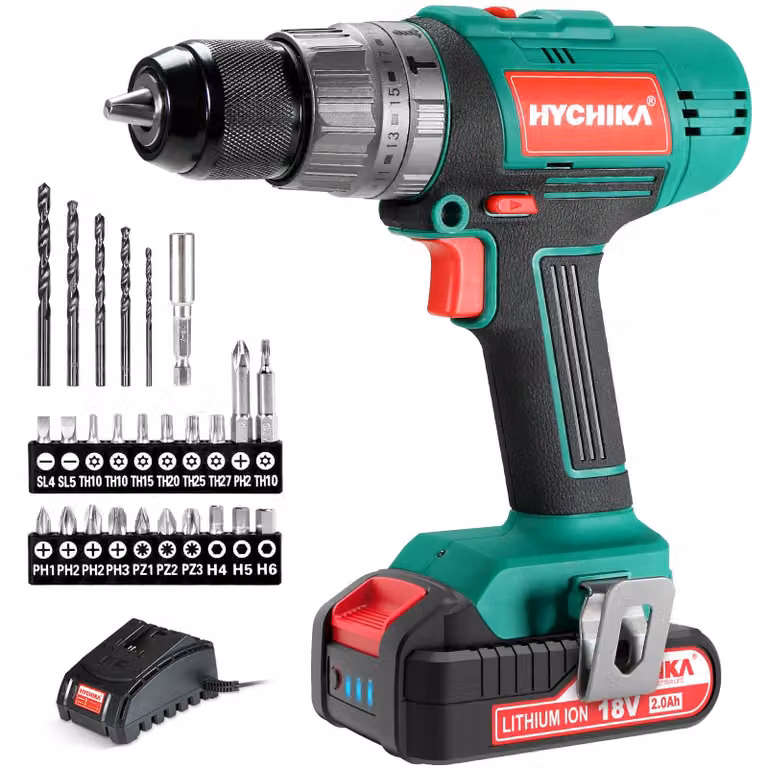 Trapano avvitatore a batteria HYCHIKA, 18 V, coppia massima di 45 Nm, adatto sia per avvitare che per forare, con 2