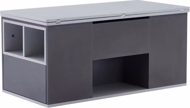 Tavolino Multifunzionale Regolabile in Altezza 100x51 cm Grigio con 3 Cassetti e Ripiani Aperto