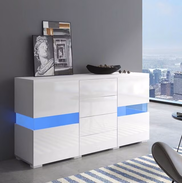 Credenza sideboard LED 140x35x72 cm bianca in MDF con 4 cassetti e 2 ante in acrilico