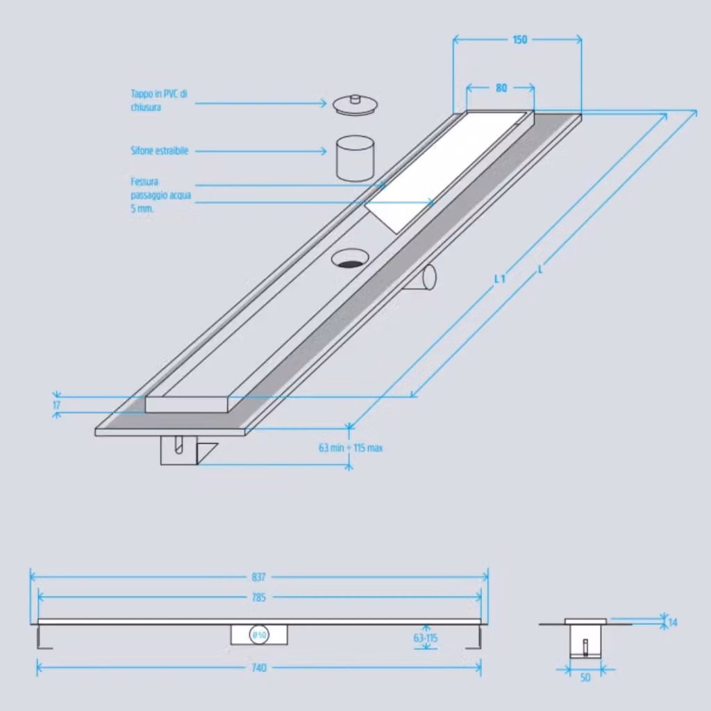 Canaletta di scarico lineare per doccia OGOMONDO in acciaio inox satinato argento, L: 88,5 cm, H: 11,5 cm – 2