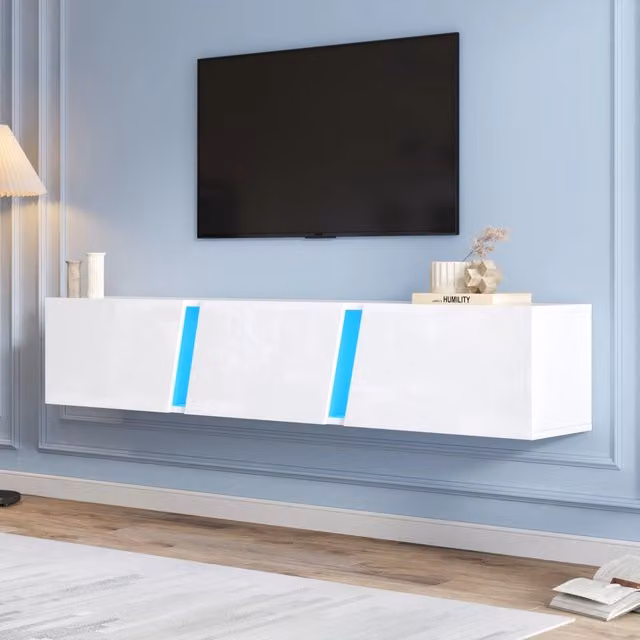 Mobile TV da parete 180x35x30 cm, bianco lucido con LED, 3 ante, per TV fino a 75 pollici