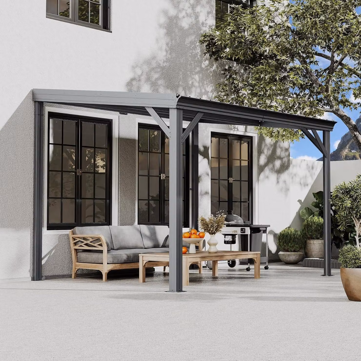 Gazebo da giardino, dimensioni 2,45 x 3,11 metri, con tetto in acciaio fisso, zincato, colore grigio, resistente al vento fino a 96 km/h