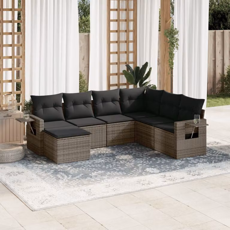 vidaXL Set Divani da Giardino 7 pz a Forma a L in Polyrattan Grigio con Cuscini Imbottiti e Coperture Rimosse