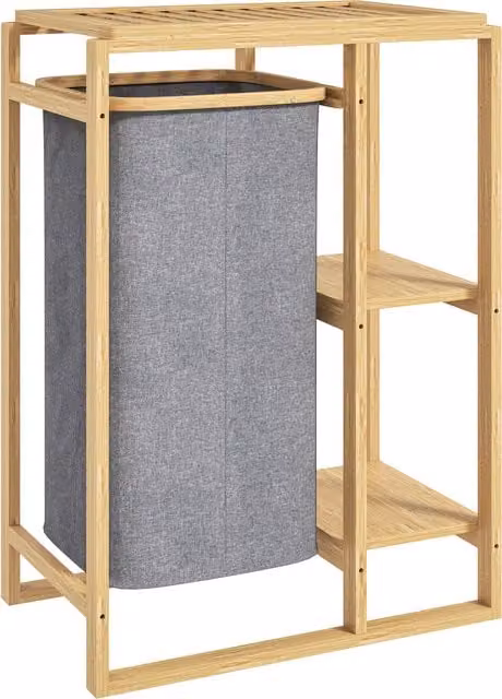 Cesto Portabiancheria HOMCOM in Bambù con Borsa Estraibile e Ripiani a Doghe, Grigio, L: 50 cm, P: 32 cm, H: 70 cm