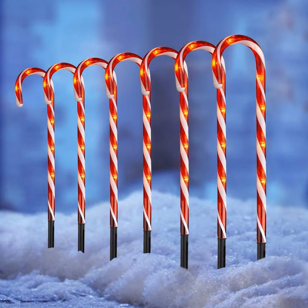 Catena luminosa a LED a forma di bastoncini di zucchero, 8 pezzi, 64 LED bianco caldo, lunghezza 4 metri
