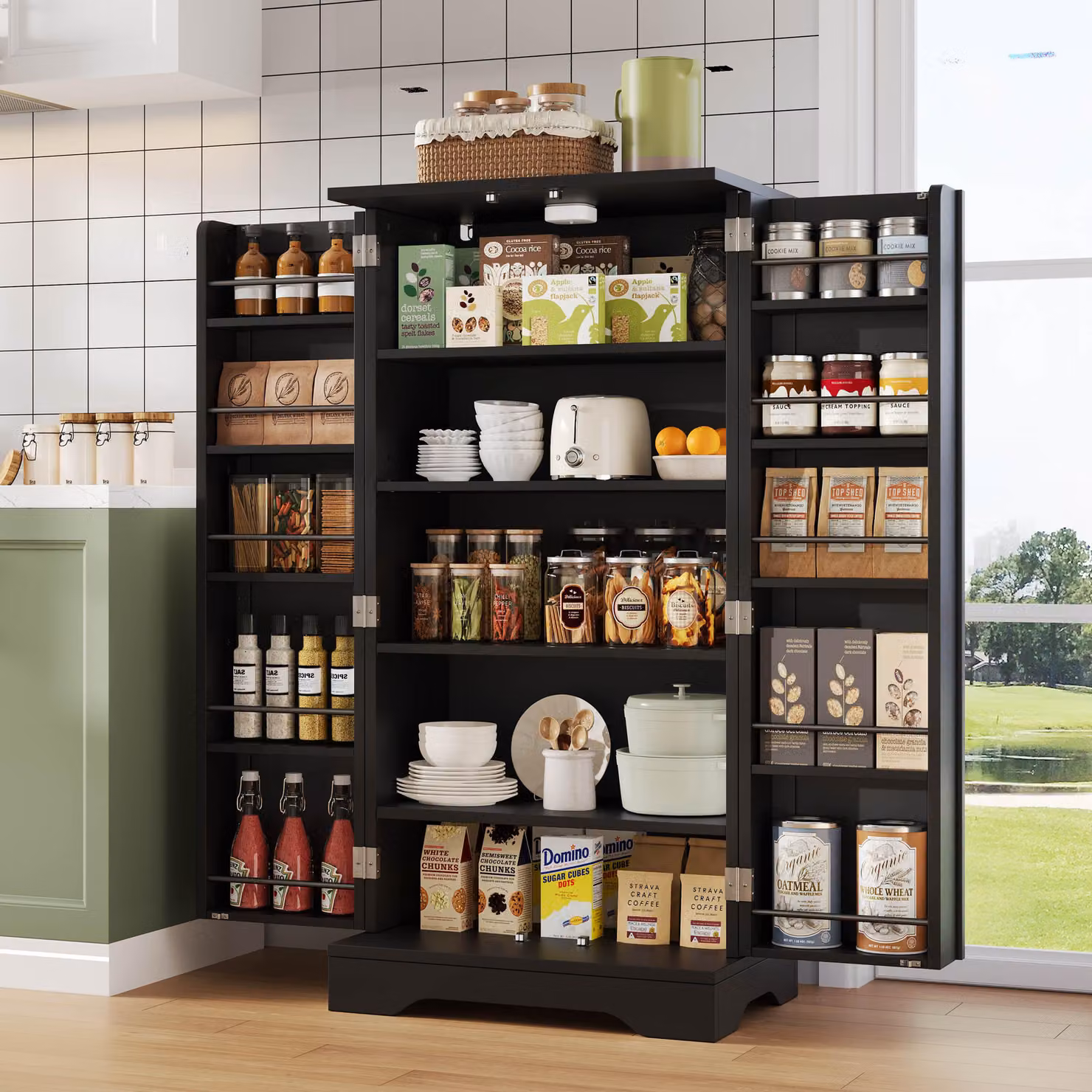 MODFU mobile da cucina a buffet con luce LED a sensore, mobile laterale con ripiani regolabili e ripiani per ante, nero
