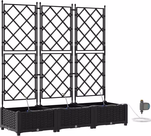 Set di 3 fioriere da giardino in plastica e acciaio inox colore nero L: 120 cm, P: 40 cm, H: 126 cm