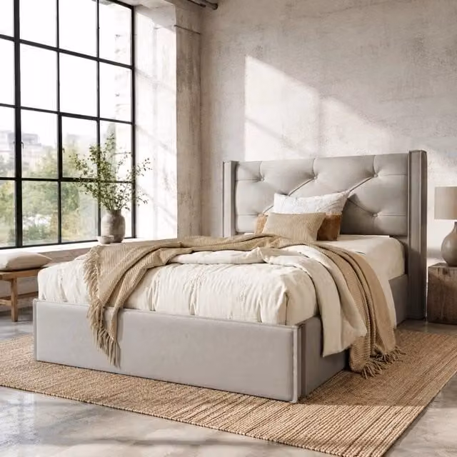 Letto singolo imbottito 90x200 cm con struttura in metallo e contenitore, design moderno grigio chiaro in cotone