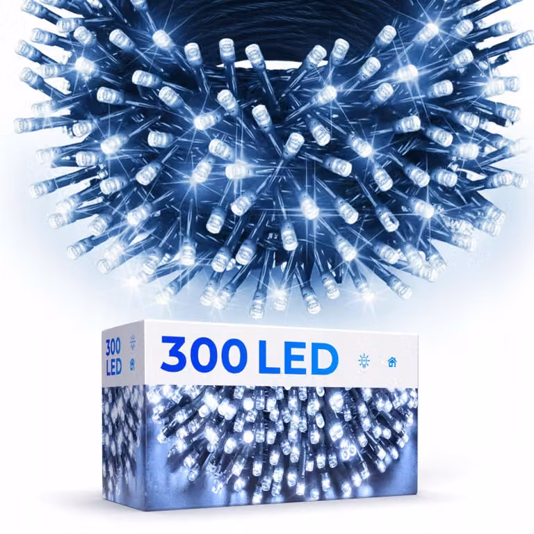 Luci Natalizie Led, 300 Led, Luminosità Bianca Fredda, Telecomando Con 8 Modalità