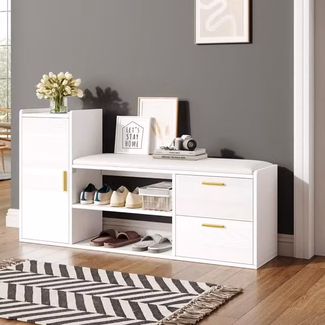 Scarpiera con panca imbottita 2 cassetti e ripiani regolabili in truciolare bianco 128 × 30 × 68 cm