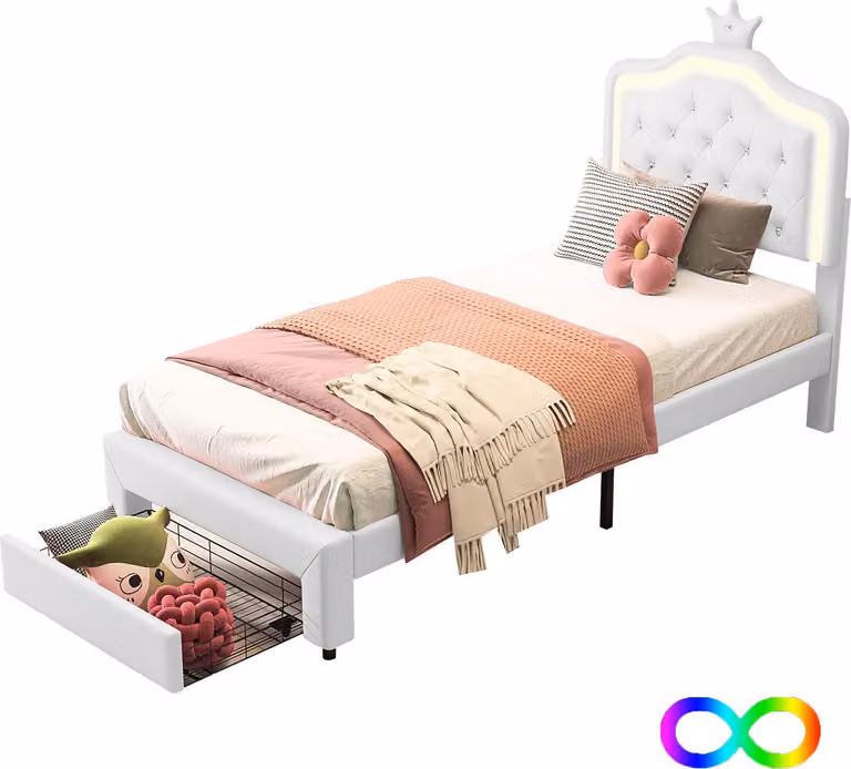 Letto imbottito Fortuna Lai 90x200 cm, LED, forma a fiore, contenitore, regolabile in altezza, ecopelle bianca