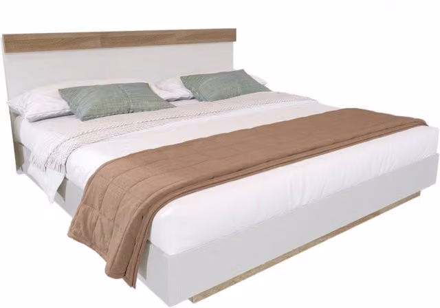 Letto matrimoniale 140x200 cm con testiera; rete a doghe; effetto sospeso; bianco e rovere