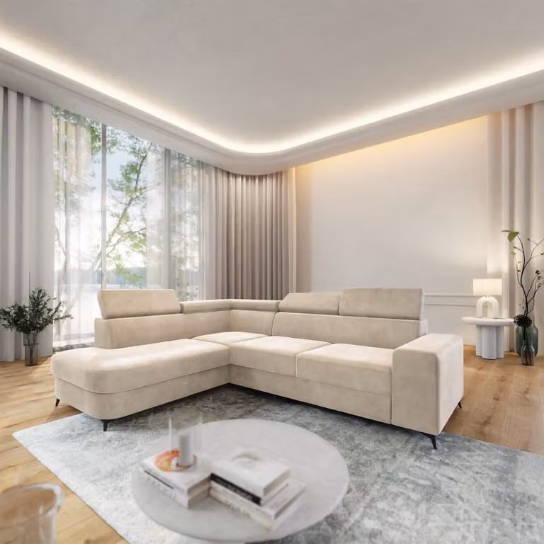 Divano angolare Masseno ALVORO L-S con funzione letto a L, divano con box letto, divano da salotto, divano, divano letto, set divano crema, MONOLITH 04