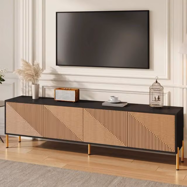 Mobile TV REDOM con 4 ante in legno e metallo, Nero e Oro, L 179 cm x P 35 cm x H 53,5 cm