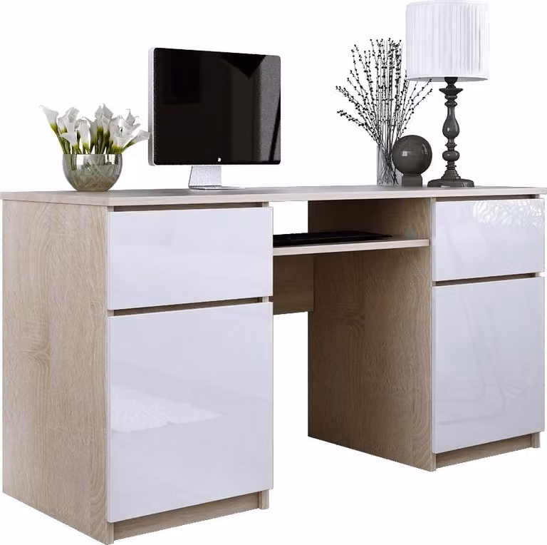 Scrivania: 2 cassetti, rovere Sonoma / bianco lucido, 135 x 77 x 50 cm