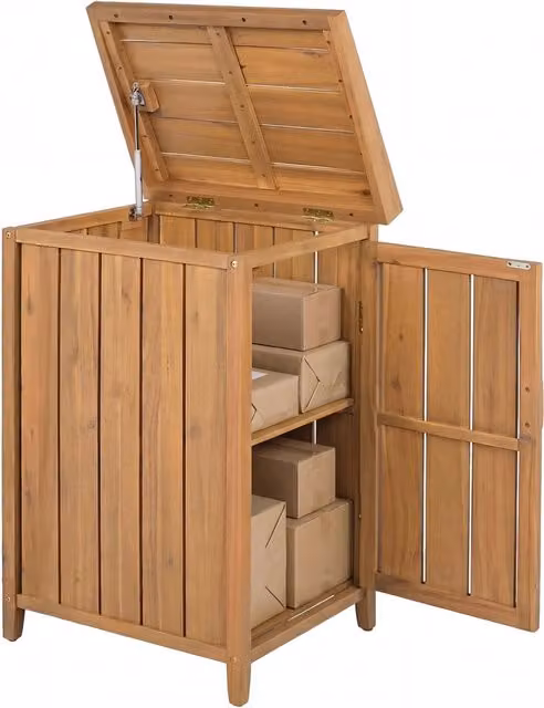 Armadio da esterno in legno massello con ripiano rimovibile, Casetta porta attrezzi con porta e coperchio apribile