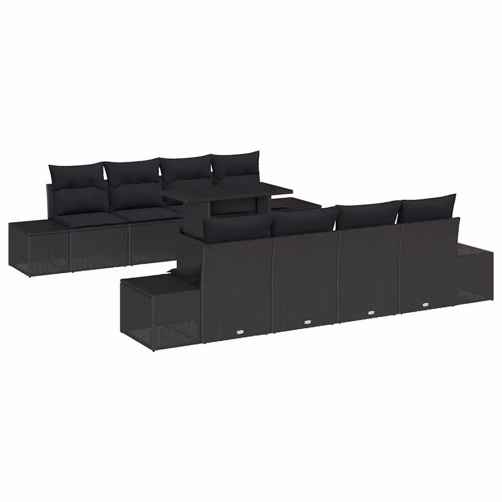 Set Divano da Giardino vidaXL in Polyrattan Nero con 9 Pezzi, Cuscini e Tavolino da Caffè con Funzione di Archiviazione – 2
