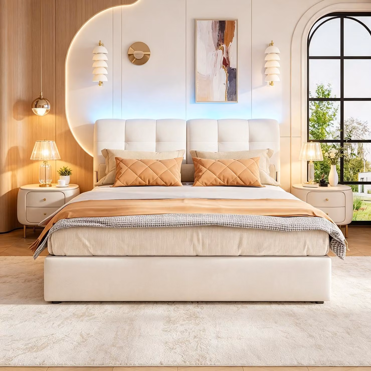Letto contenitore con boxspring, 140x200 cm, con illuminazione LED, imbottito, ideale per ragazzi, con spazio contenitore, meccanismo a sollevamento idraulico, rivestito in velluto, colore beige.