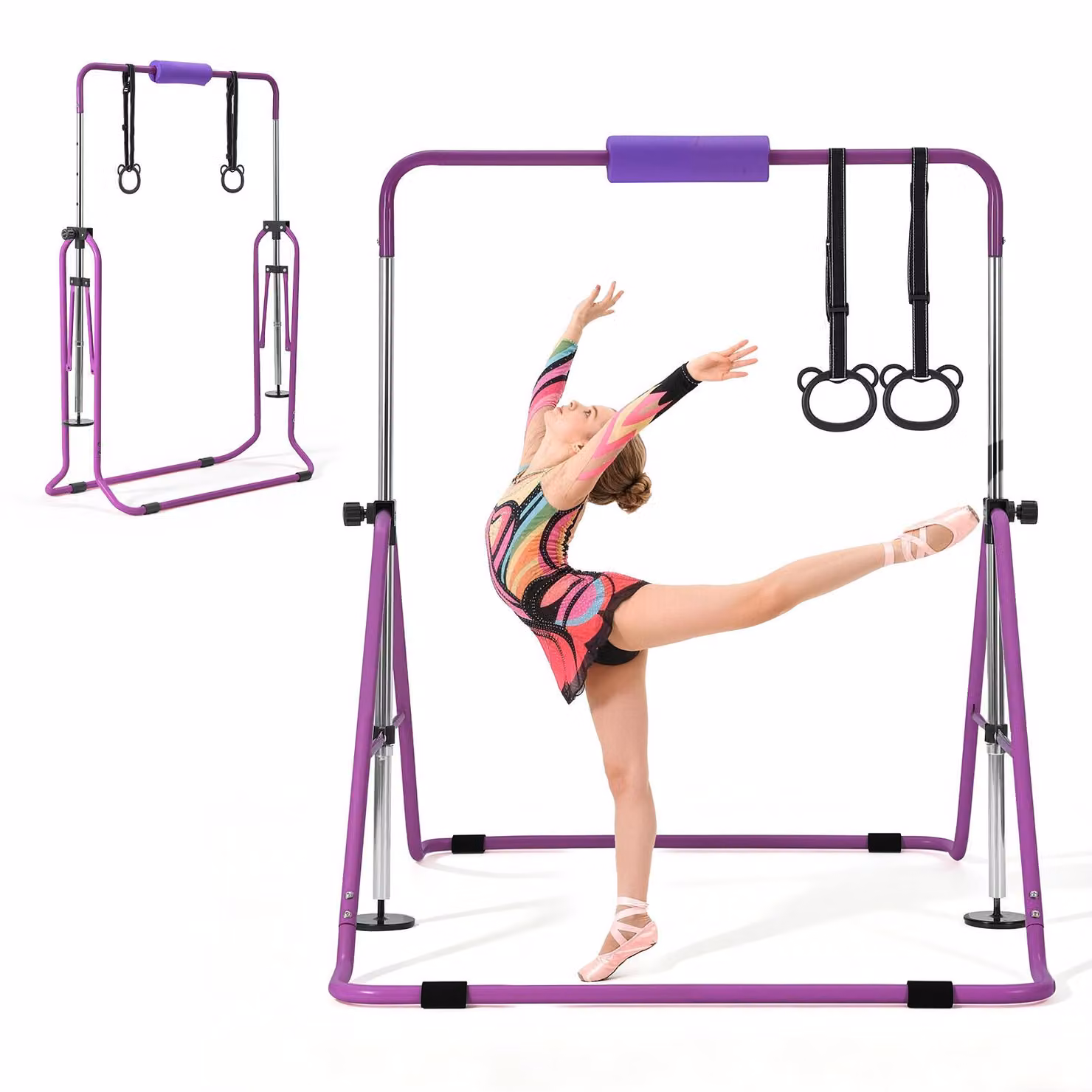Sbarra da ginnastica VEVOR per bambini, con capacità di carico di 63,5 kg, sbarra pieghevole con anelli da ginnastica, sbarra regolabile in altezza per allenamento indoor e outdoor, attrezzo per l'allenamento domestico per bambini, colore lilla