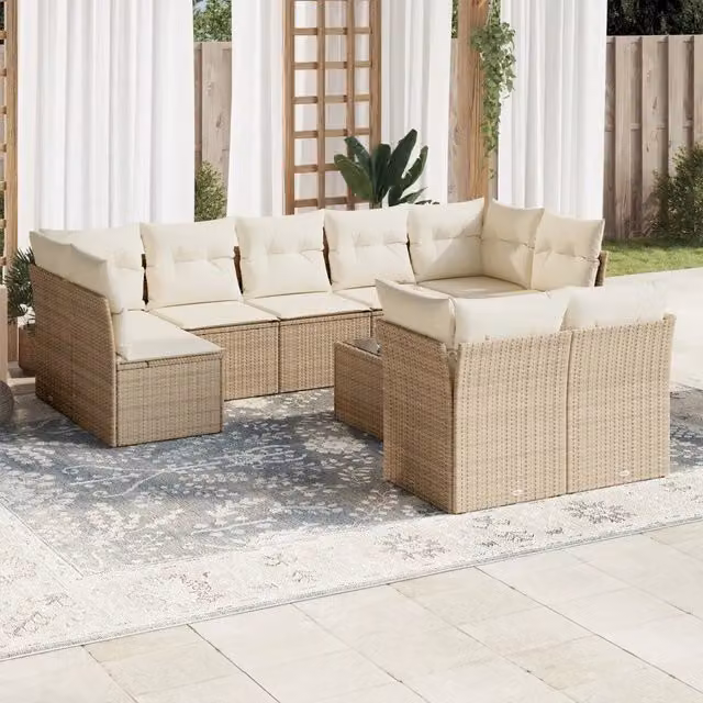 Set Divano da Giardino a L VIDAXL in Polyrattan con Cuscini Beige, 10 Pezzi