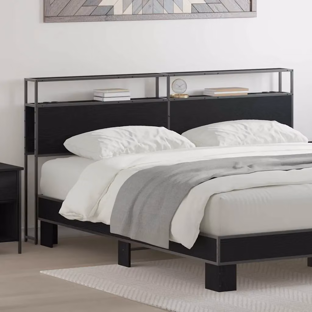 Testata del letto con contenitore vidaXL in legno ingegnerizzato e metallo, colore nero opaco, con ripiano integrato e porta di ricarica USB, L: 203,0 cm, P: 98,0 cm, H: 24,37 cm