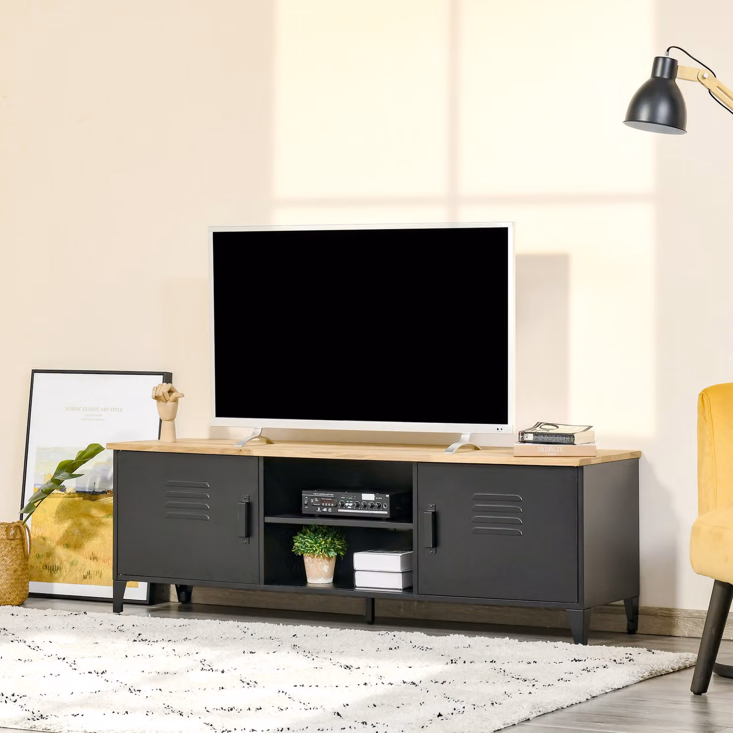 Mobile TV HOMCOM per TV fino a 55 pollici con 2 armadietti, telaio in metallo nero e piano in legno naturale, L 150 x P 40 x H 50 cm – 2
