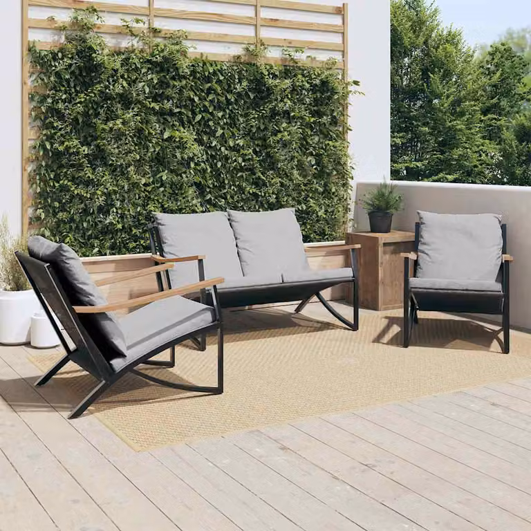 Set di mobili da balcone 3 pezzi vidaXL in metallo nero con cuscini grigi per giardino e terrazzo
