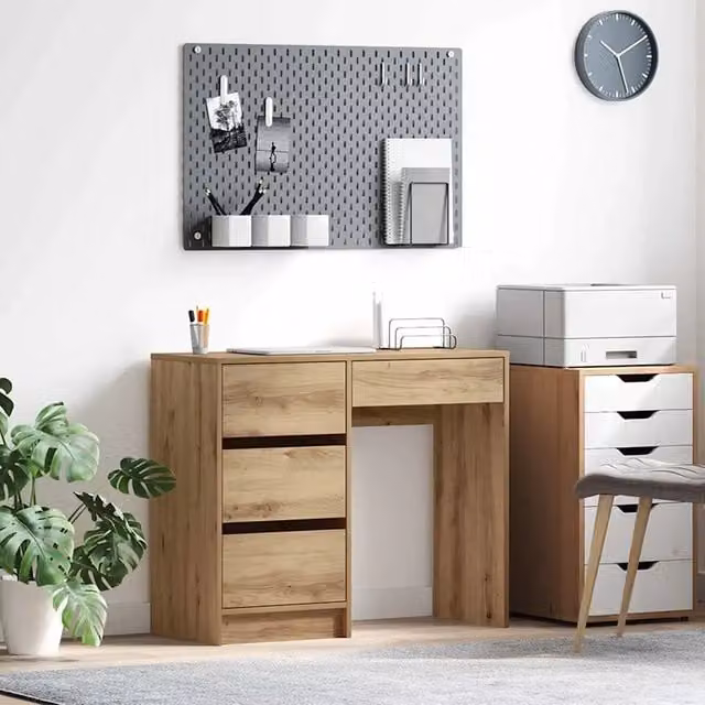 Scrivania moderna vidaXL in legno MDF laminato colore rovere marrone L: 90 cm, P: 60 cm, H: 75 cm