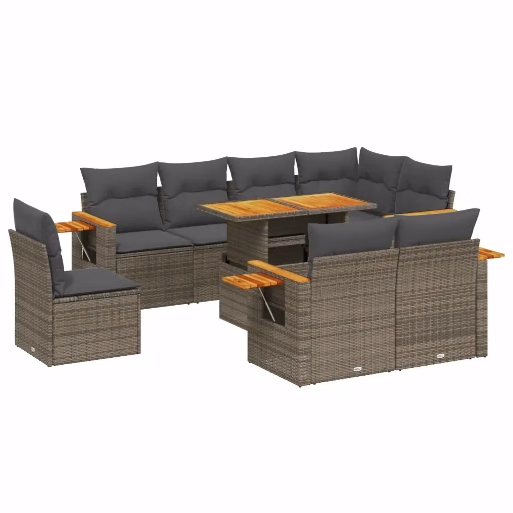 vidaXL Set Divano da Giardino 9 pz a forma di U in Polyrattan Grigio con Cuscini e Tavolino da Caffè – 2